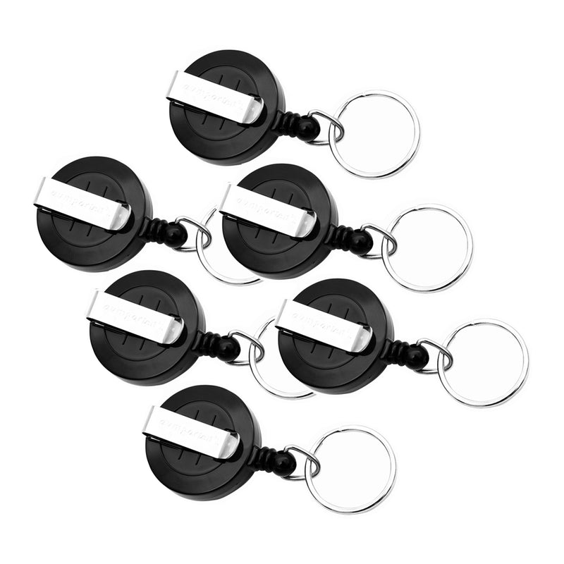 Standard Round ID Badge Reel with Belt Clip & Key Ring, Black, Pack of 6