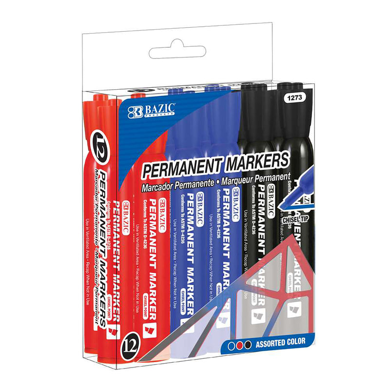12ct Permanent Markers Asst Colors Chisel Tip Desk Style