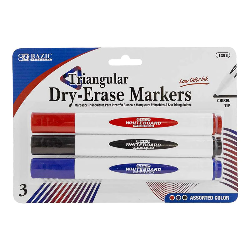 3ct Asst Colrs Dry Erase Markers Triangle Chisel Tip