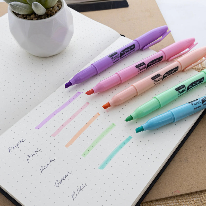 Pen Style Highlighter with Pocket Clip, Pastel, 5 Per Pack, 12 Packs