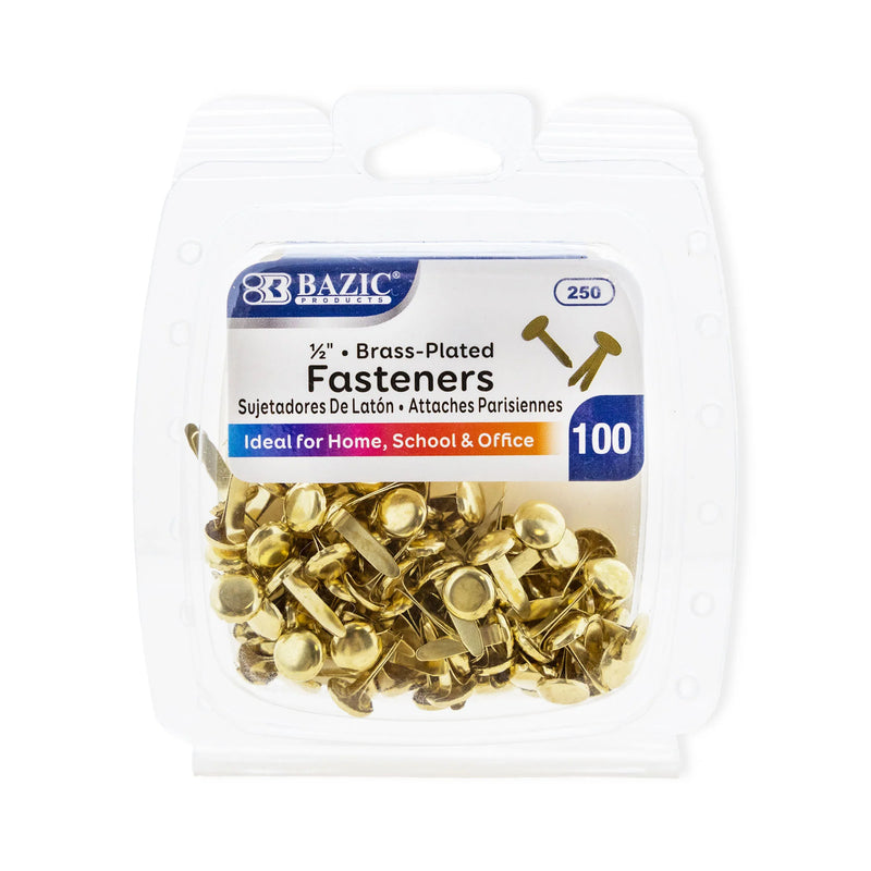 Brass-Plated Fasteners, 1/2", 100 Per Pack, 12 Packs