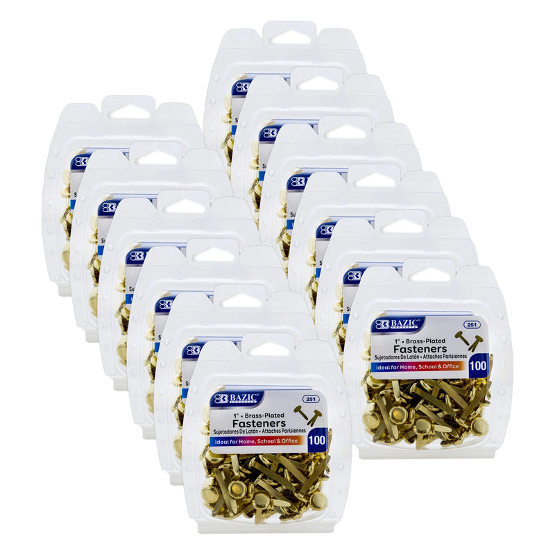 Brass-Plated Fasteners, 1", 100 Per Pack, 12 Packs