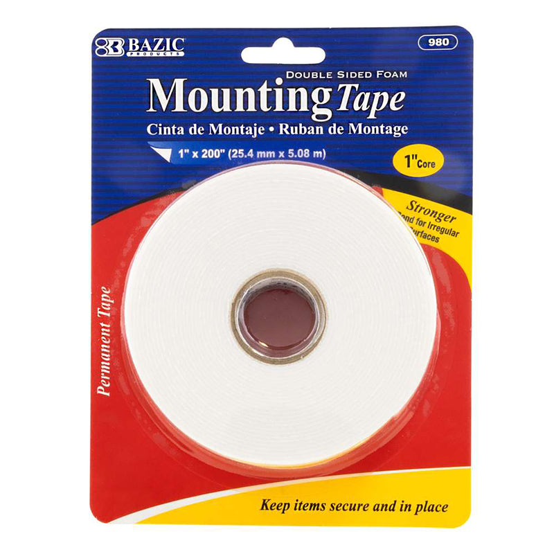 Double Sided Foam Mounting Tape, 1" x 200", Pack of 12