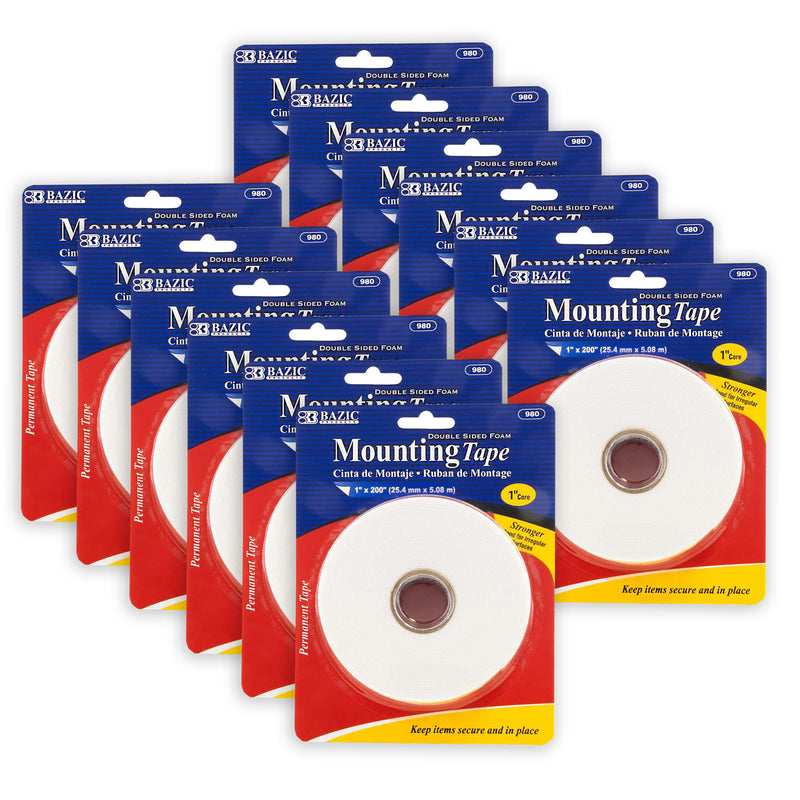 Double Sided Foam Mounting Tape, 1" x 200", Pack of 12