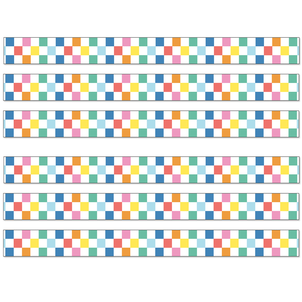 We Stick Together Checkered Rainbow Straight Bulletin Board Borders, 36 Feet Per Pack, 6 Packs