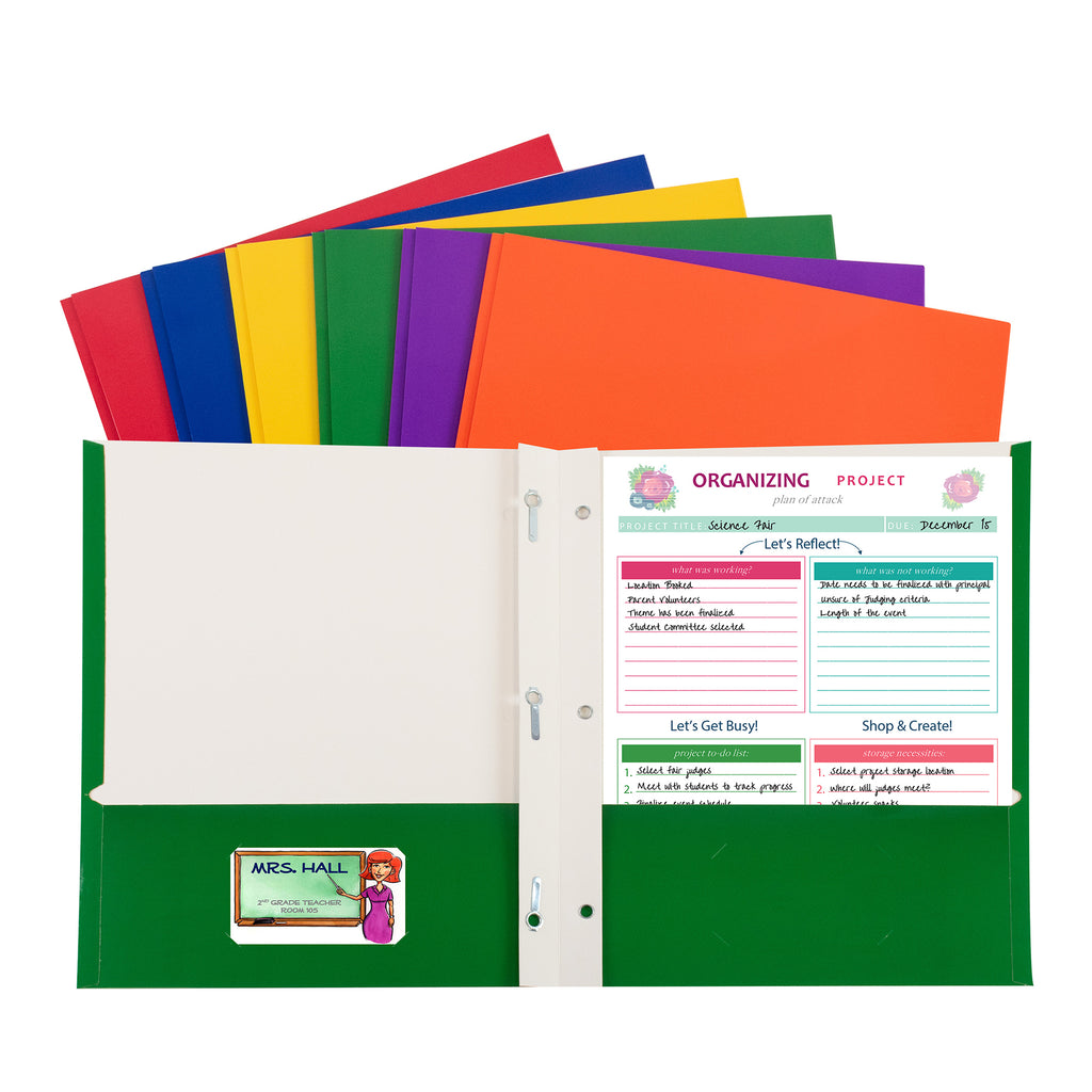 2-Pocket Laminated Paper Folder with Prongs, Assorted Primary Colors, Pack of 50