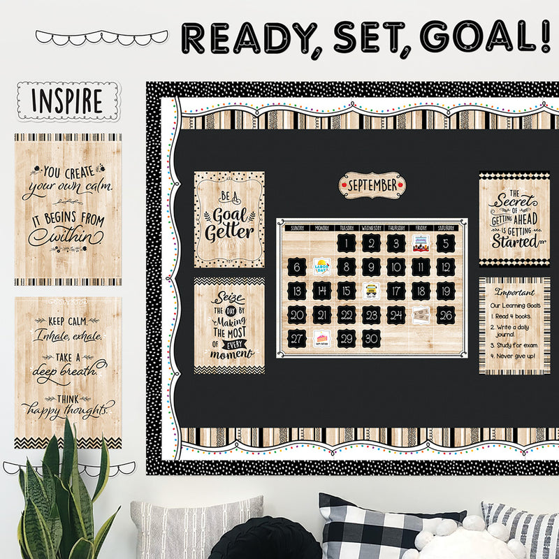 Black, White, and Wood Calendar Set Bulletin Board Set, 87 Pieces