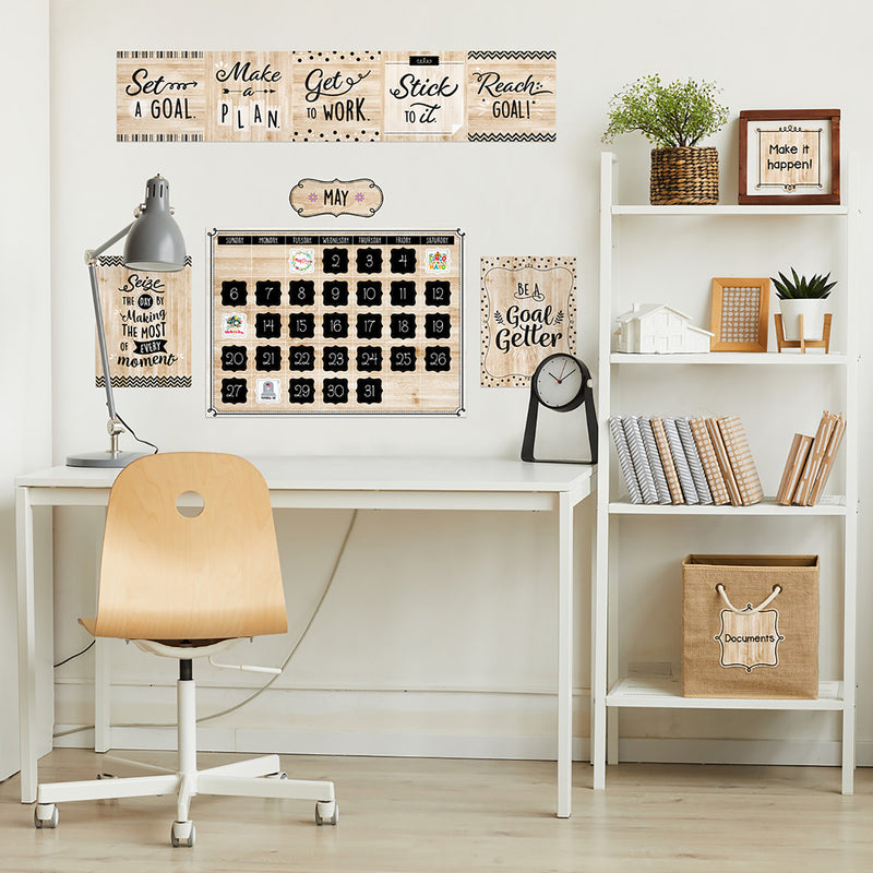Black, White, and Wood Calendar Set Bulletin Board Set, 87 Pieces