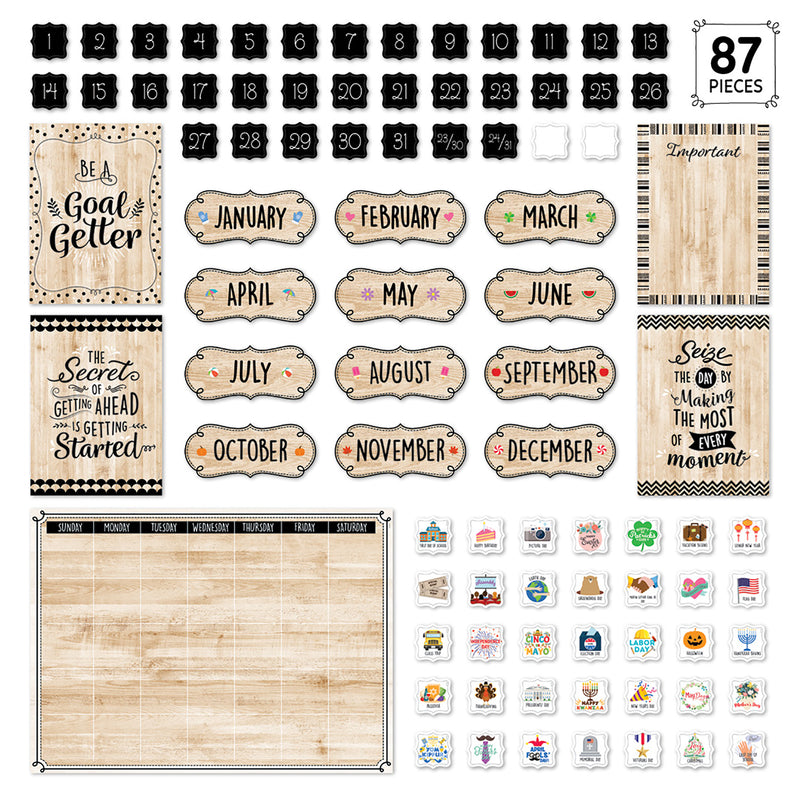 Black, White, and Wood Calendar Set Bulletin Board Set, 87 Pieces