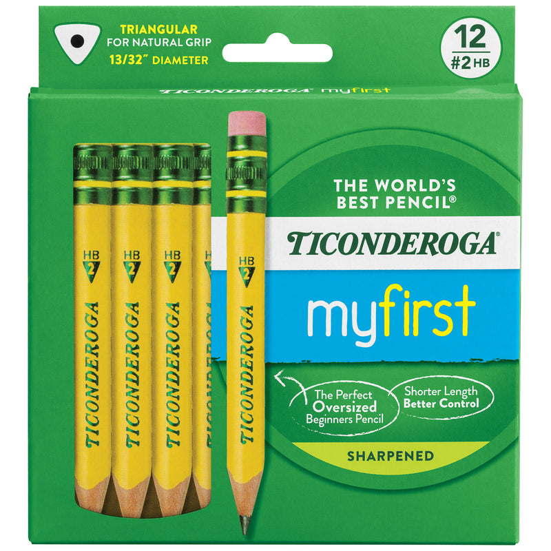 My First® Short Wooden Pencils, Large Triangle Barrel, Sharpened, #2 HB Soft, With Eraser, Yellow, 12 Per Pack, 2 Packs