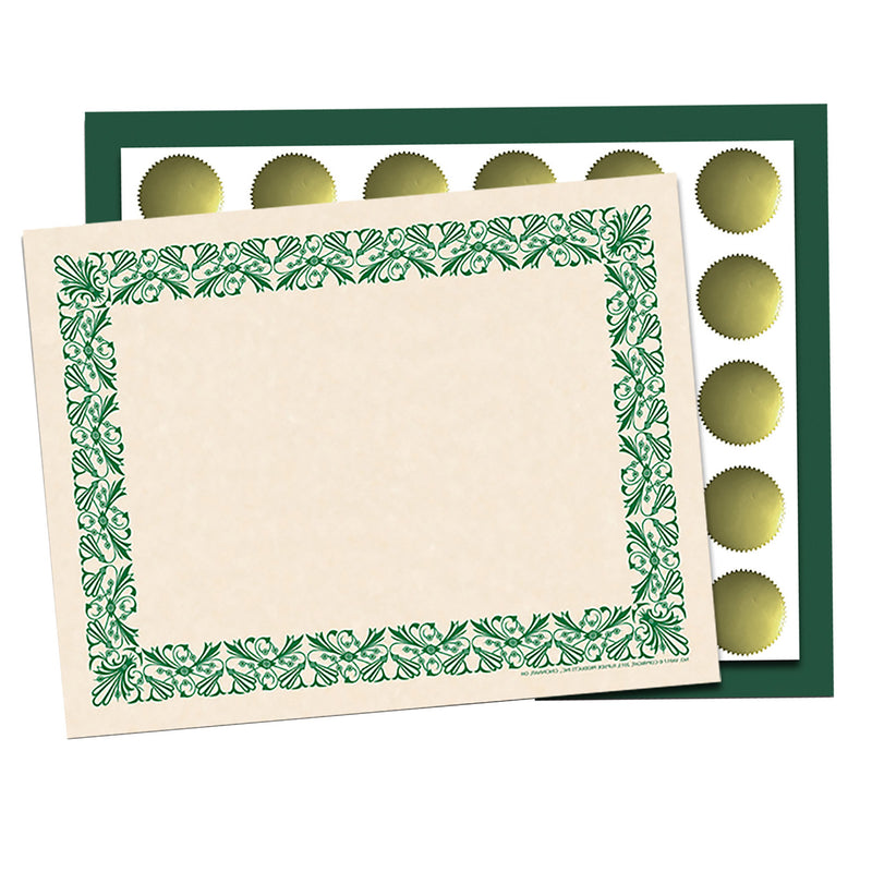 Art Deco Set -Green Border Paper, Plain Folders, Gold Seals