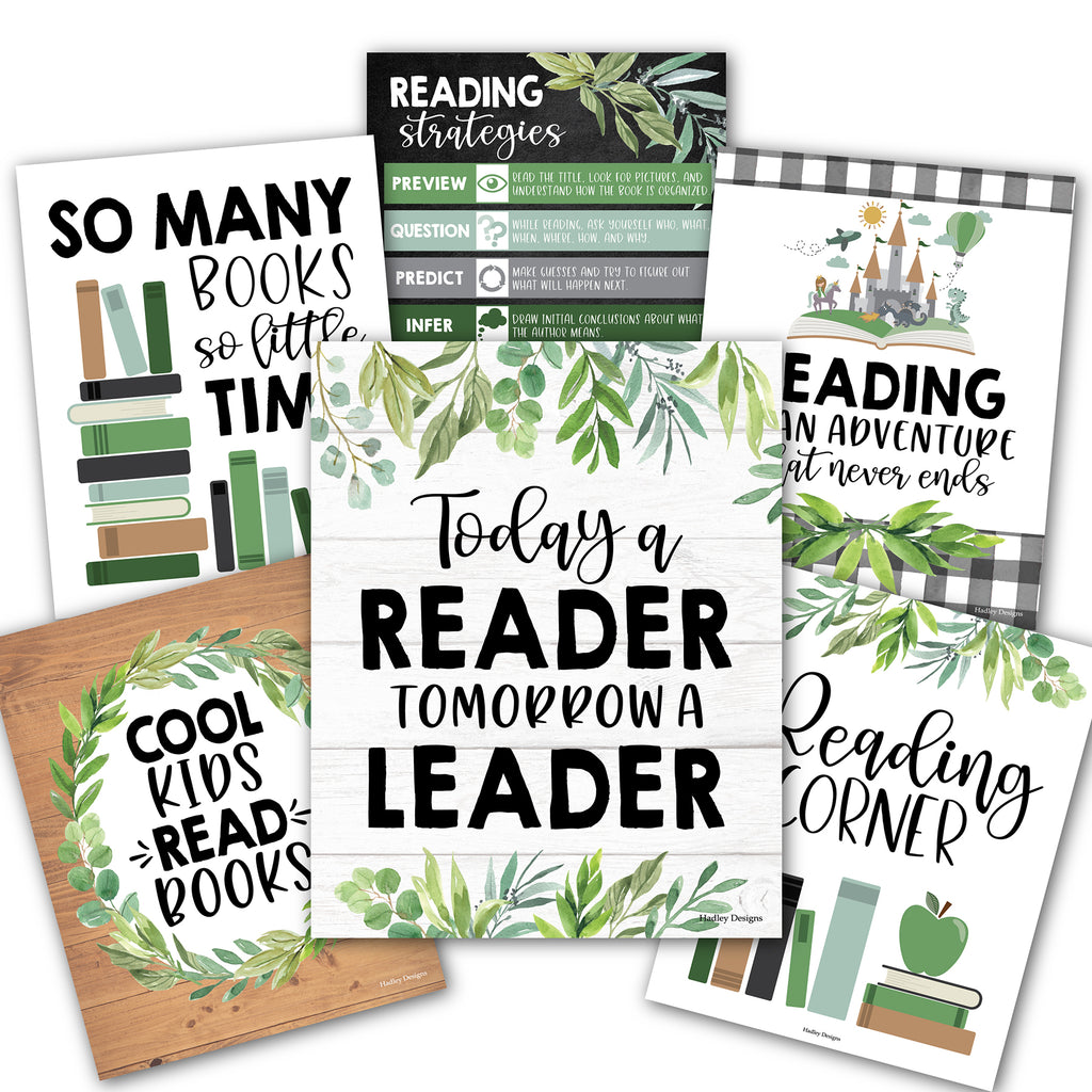 Farmhouse Greenery Reading Posters For Classroom Library Decor, Set of 6