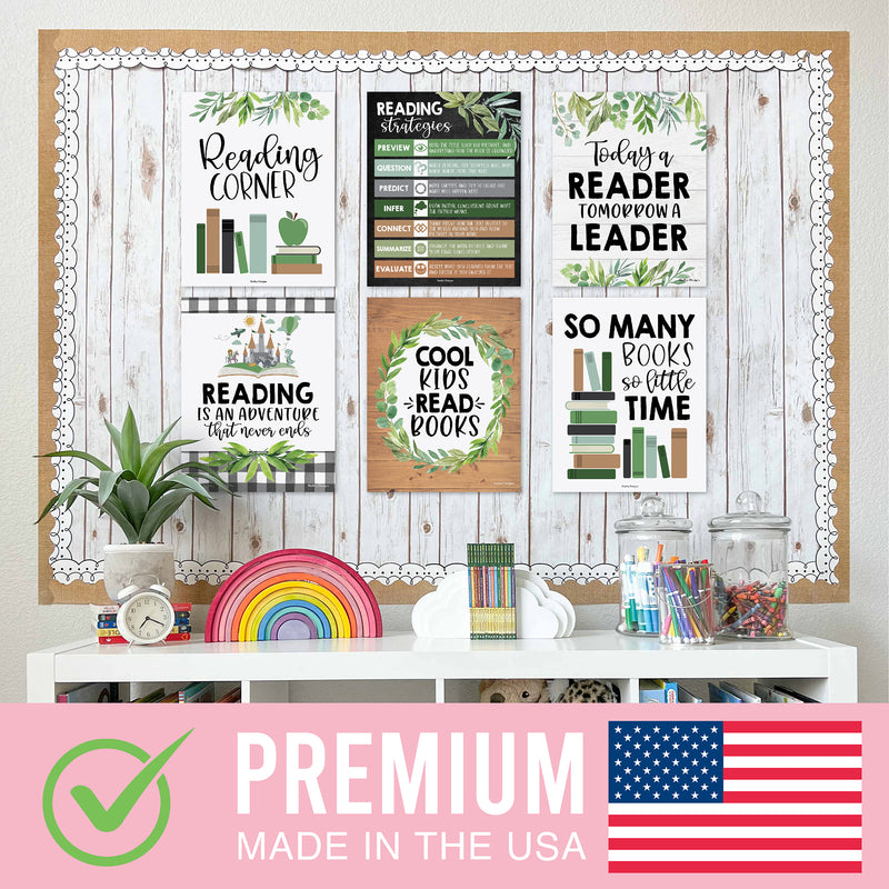 Farmhouse Greenery Reading Posters For Classroom Library Decor, Set of 6