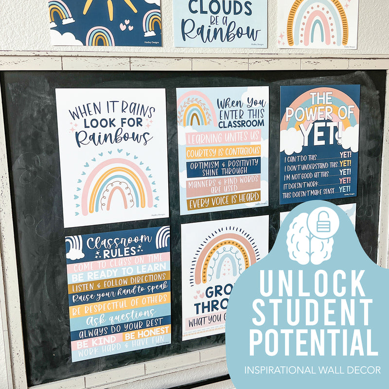 Boho Rainbow Growth Mindset Classroom Decor Posters, Set of 9