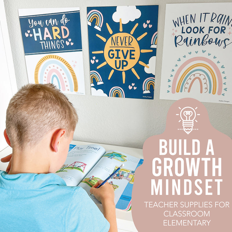 Boho Rainbow Growth Mindset Classroom Decor Posters, Set of 9