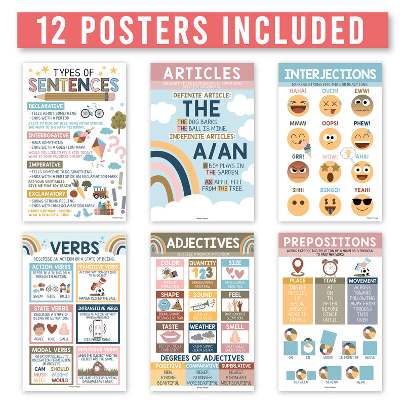 Boho Parts of Speech Language Arts and Grammar Laminated Posters, Set of 12