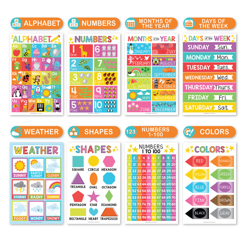 Colorful Preschool Educational Laminated Posters For Toddlers, Set of 16