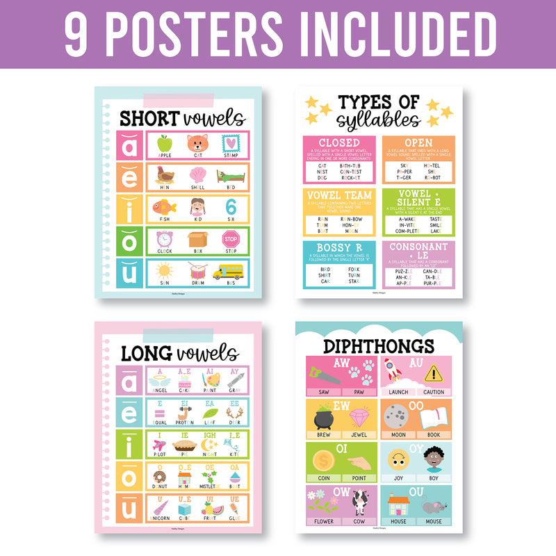 Colorful Sound Wall Phonics and Vowels English Posters, Set of 9