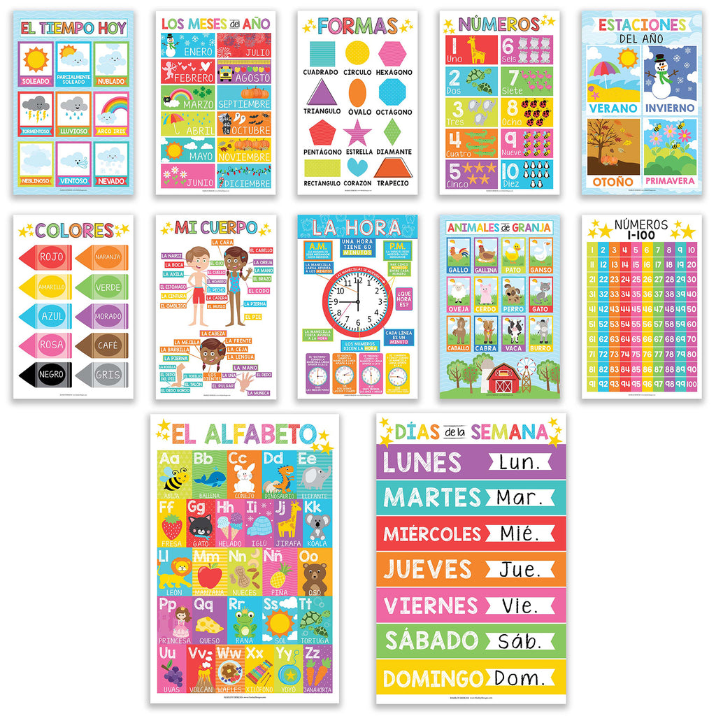 Colorful Spanish Preschool Educational Laminated Posters, Set of 12