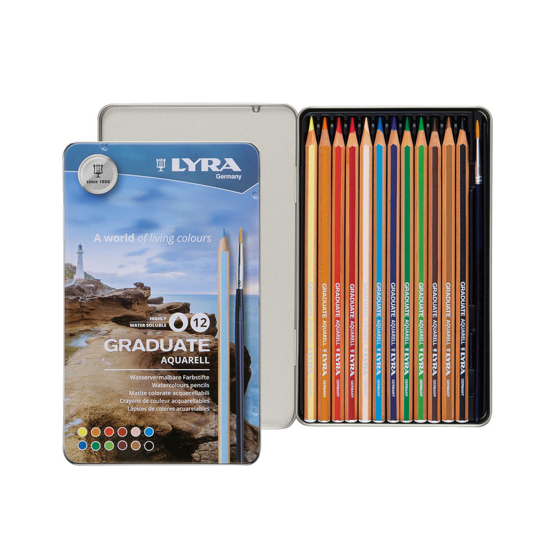 Graduate Watercolor Pencil Tin 12ct Assorted Colors W/brush
