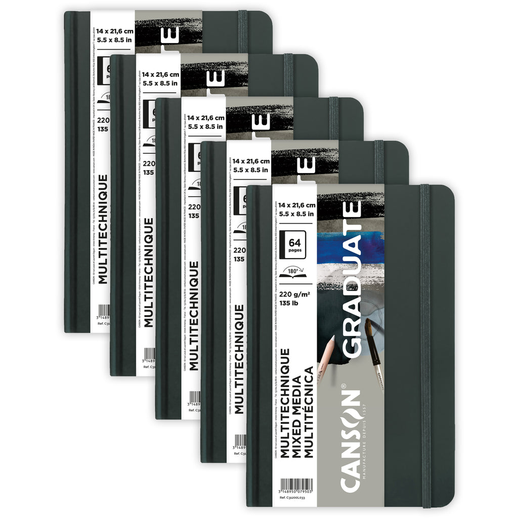 Graduate Mixed Media Art Book, Toned Gray, Hard Cover Binding, 32 Sheet, 5.5x8.5 inch, Pack of 5