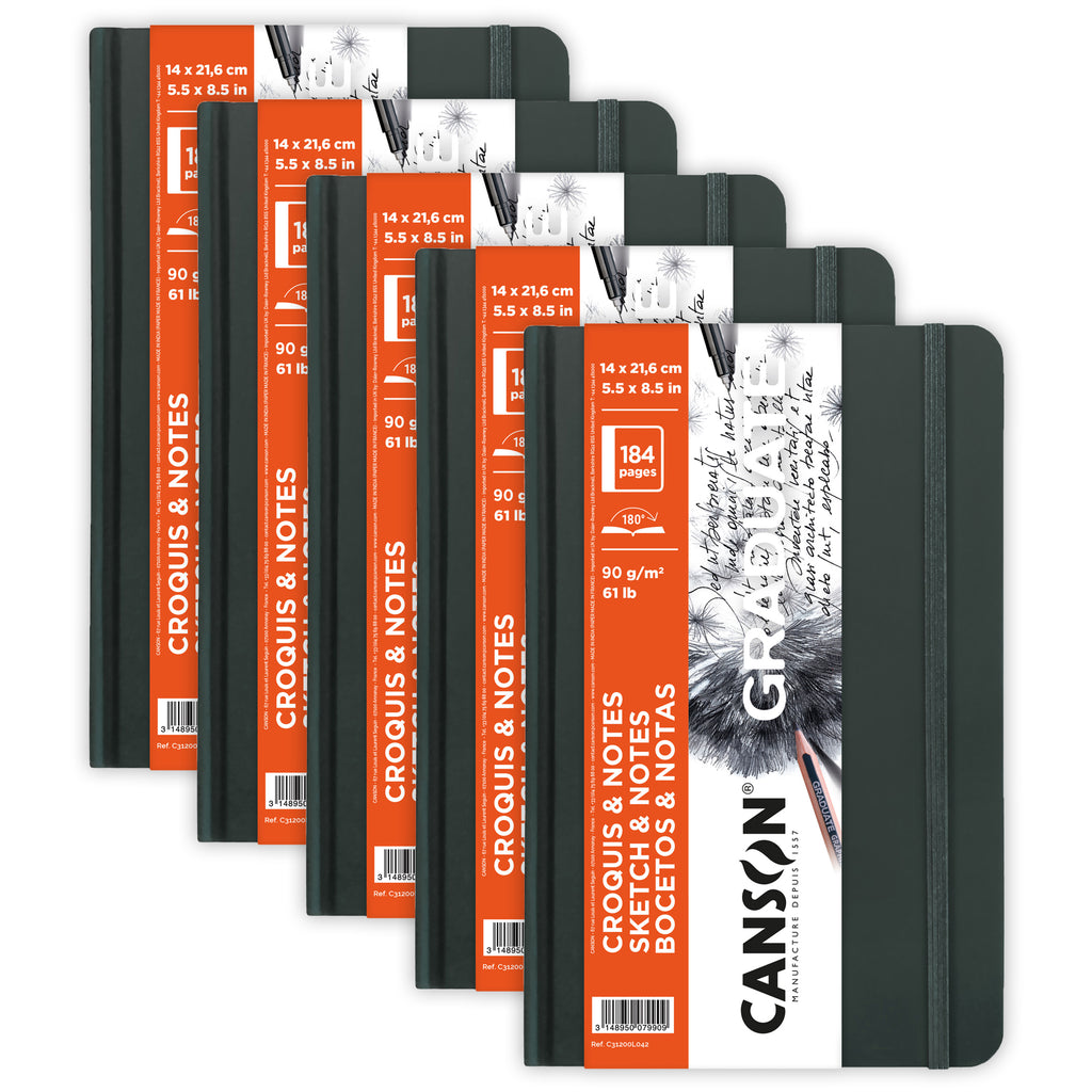 Graduate Sketch & Notes Art Book, Dark Gray, Hard Cover Binding, 92 Sheet, 5.5x8.5 inch, Pack of 5
