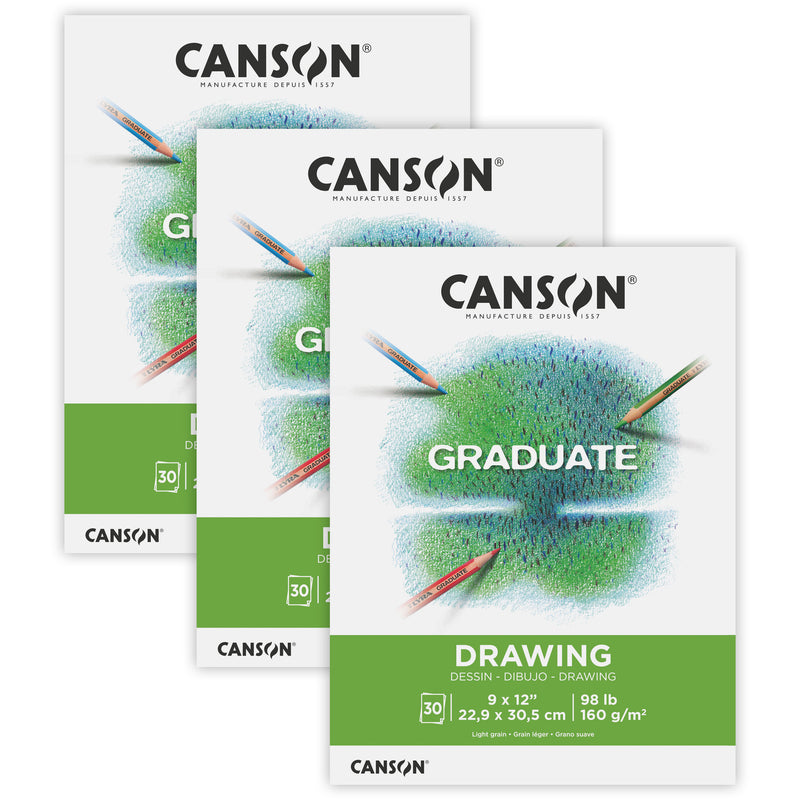 Graduate Drawing Pad, Foldover Binding, 30 Sheet, 9x12 inch, Pack of 3