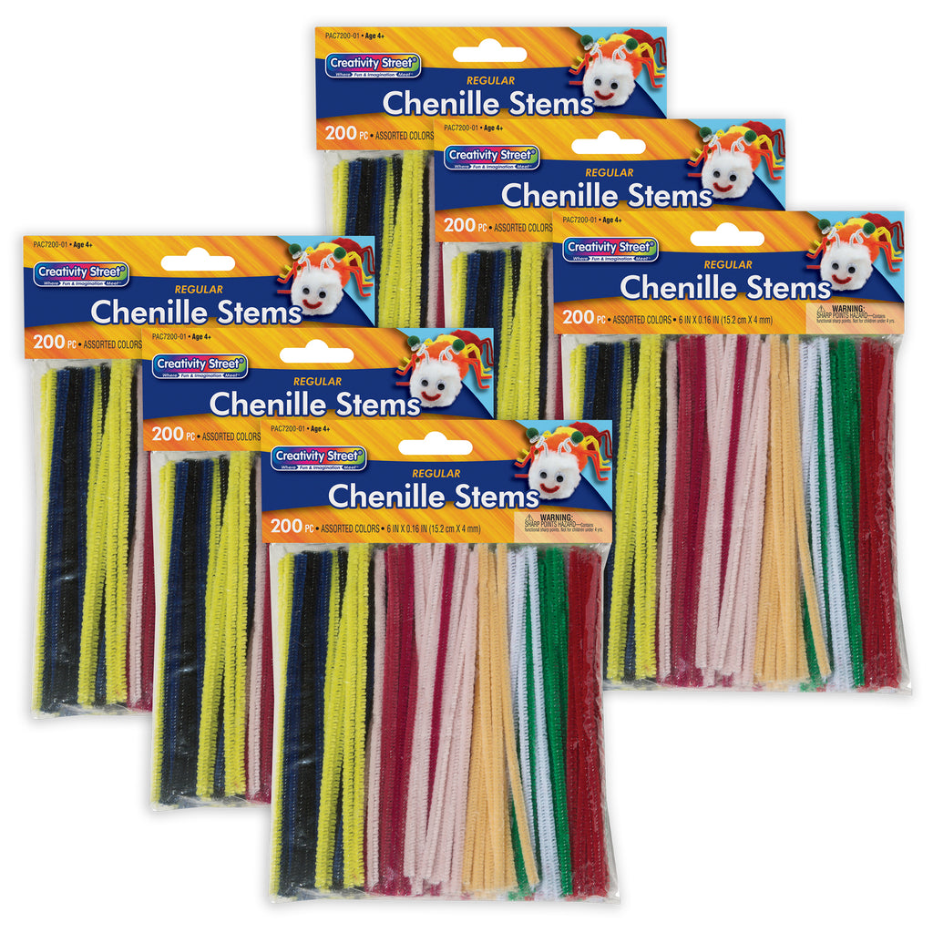 Regular Stems, Assorted Colors, 6" x 4 mm, 200 Pieces Per Pack, 6 Packs