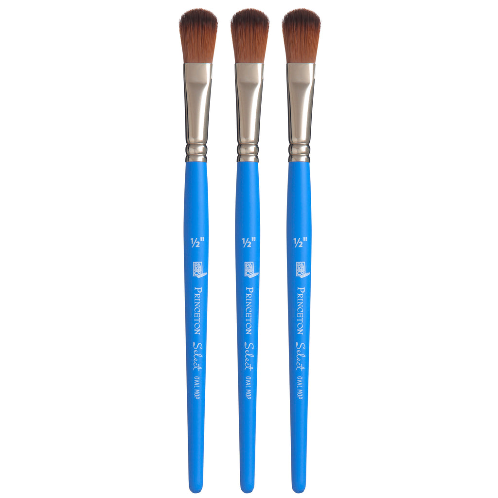 Select Artiste Oval Mop Brush, Synthetic Bristles, Short Handle Mixed Media Paintbrush, Jewel Blue, Size 1/2 inch, Pack of 3