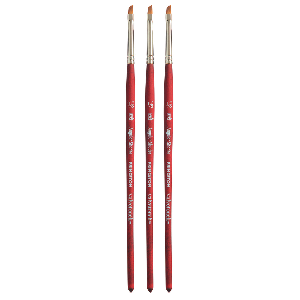 Velvetouch Angle Shader Brush, Synthetic Bristles, Short Handle Mixed Media Paintbrush, Scarlet, Size 1/8 inch, Pack of 3