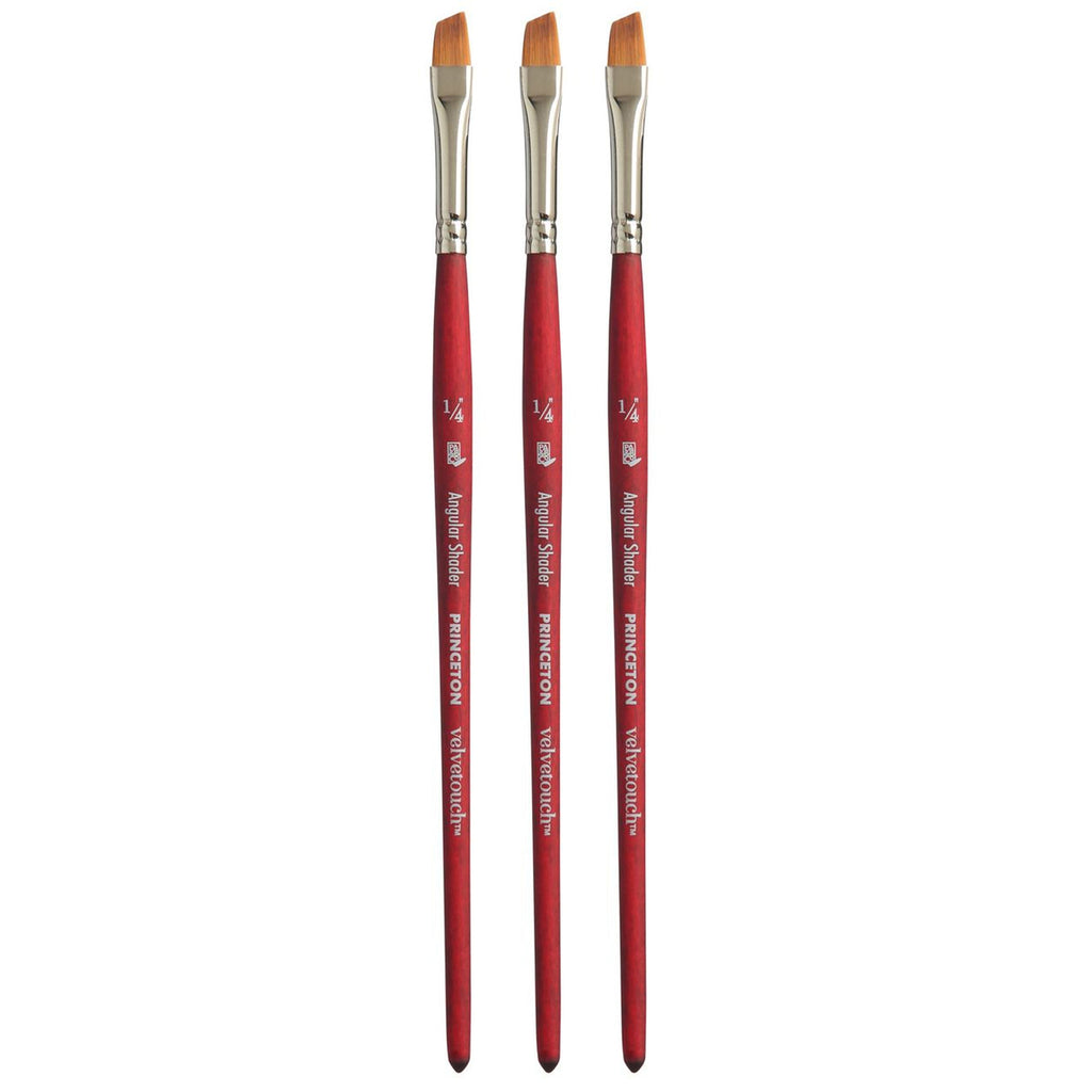 Velvetouch Angle Shader Brush, Synthetic Bristles, Short Handle Mixed Media Paintbrush, Scarlet, Size 1/4 inch, Pack of 3