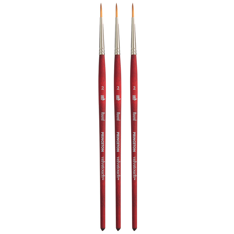 Velvetouch Round Brush, Synthetic Bristles, Short Handle Mixed Media Paintbrush, Scarlet, Size 2, Pack of 3