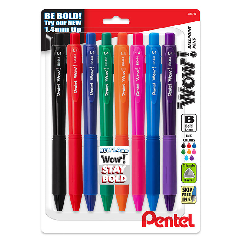Wow! Retractable Ballpoint Pen 8pk 1.4mm Bold Assorted Colors