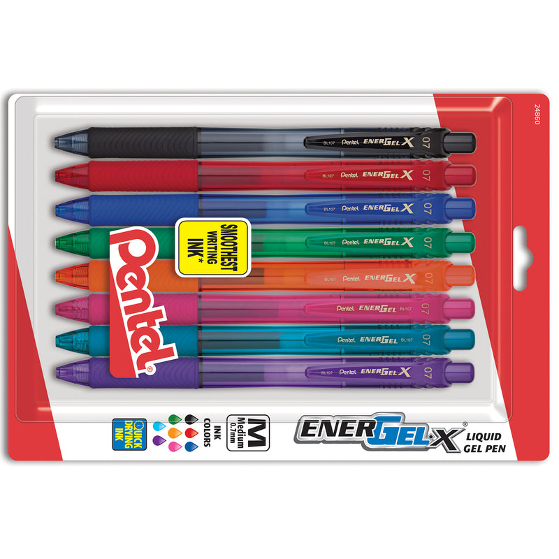 Energel-x Retract Gel Pen Asst 8pk 0.7mm Metal Tip