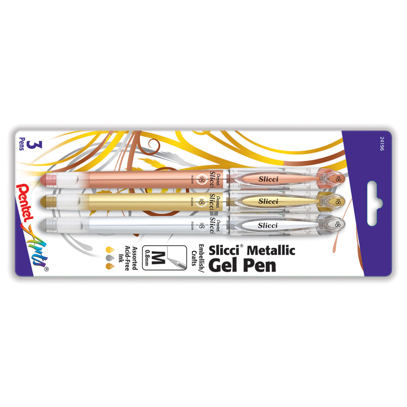 Slicci 0.8mm Ndl Tip Md Gel Pen 3pk Pentel Arts Metallic E/x/z
