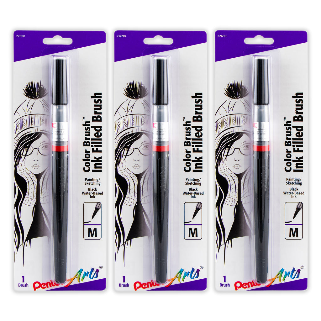 Color Brush with Water-Based Ink, Medium Tip, Black, Pack of 3
