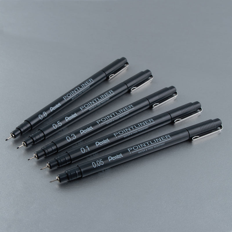 Pointliner Pen 5ct Asst Sizes Black Pentel Arts