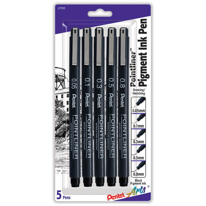 Pointliner Pen 5ct Asst Sizes Black Pentel Arts