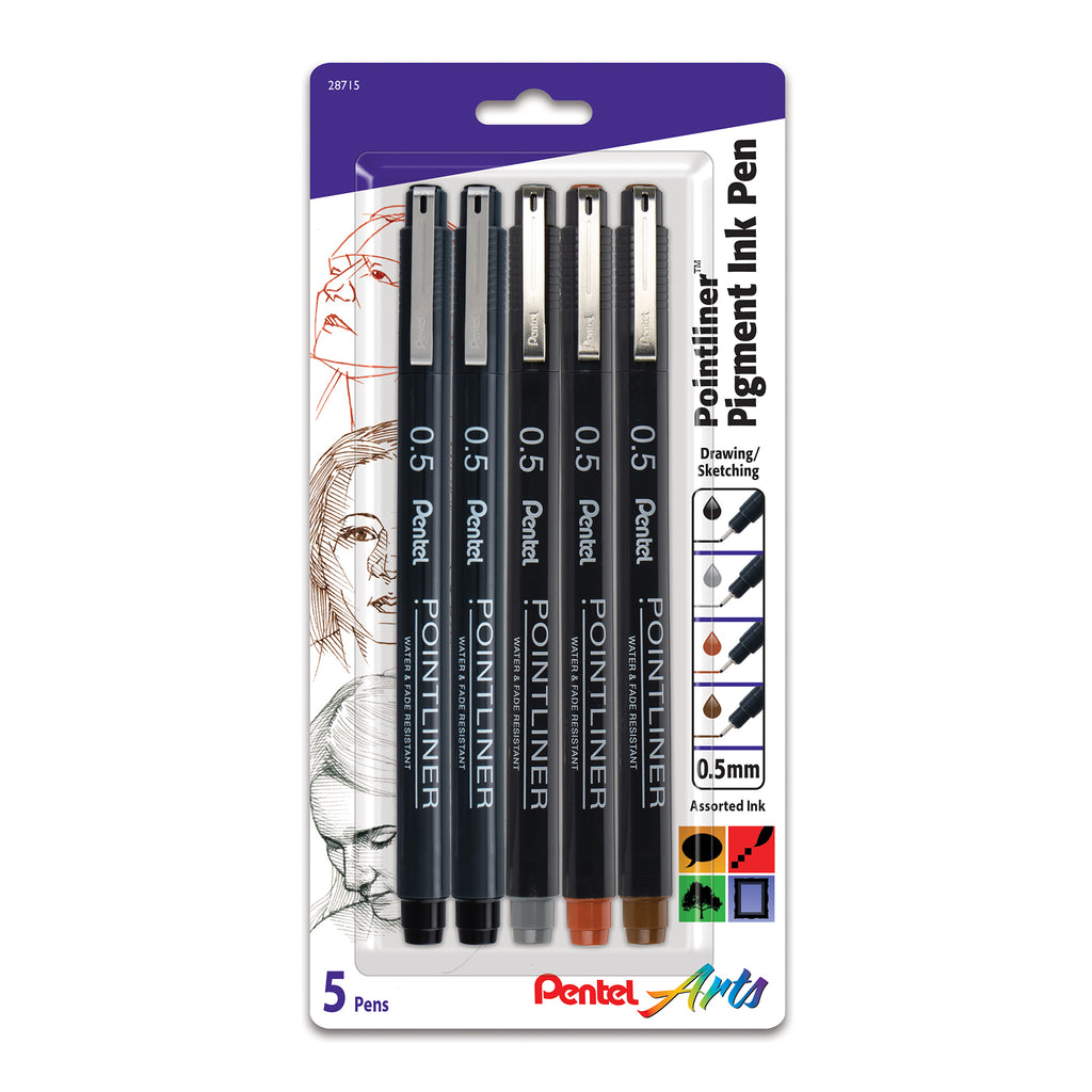 Pointliner Pen 5ct 0.5mm Asst Color Pentel Arts