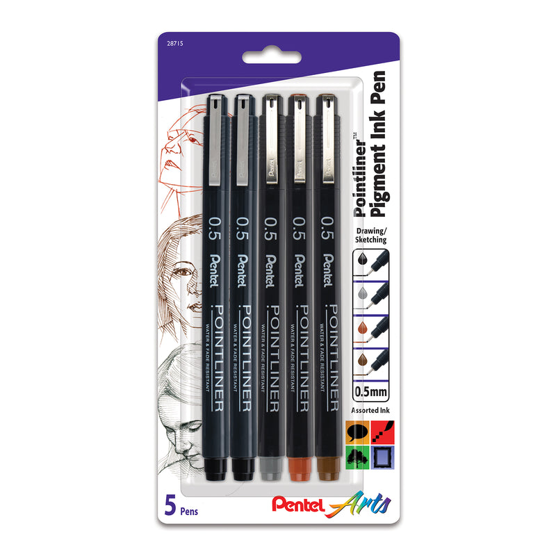 Pointliner Pen 5ct 0.5mm Asst Color Pentel Arts