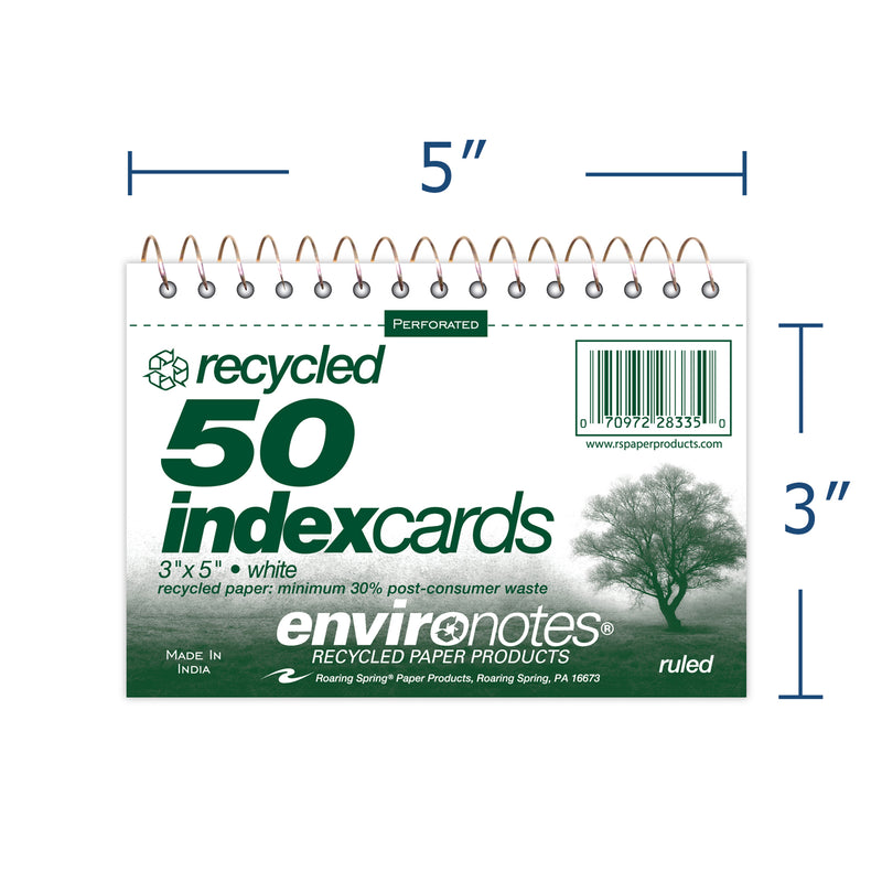 Wirebound Index Cards, 3" x 5", Ruled & Recycled, 50 Cards, Pack of 8