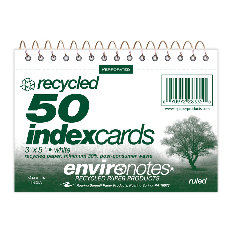Wirebound Index Cards, 3" x 5", Ruled & Recycled, 50 Cards, Pack of 8