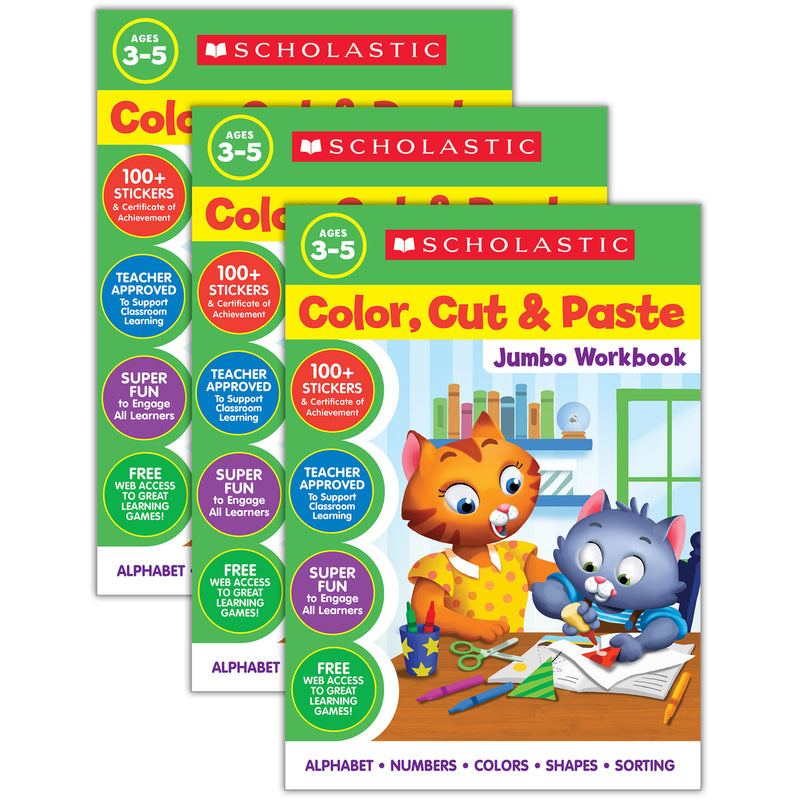 Color, Cut & Paste Jumbo Workbook, Pack of 3