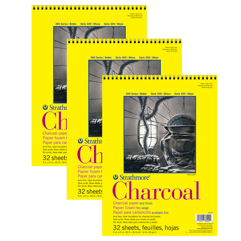300 Series Charcoal Pad, Top Wire Binding, 32 Sheet, 9x12 inch, Pack of 3