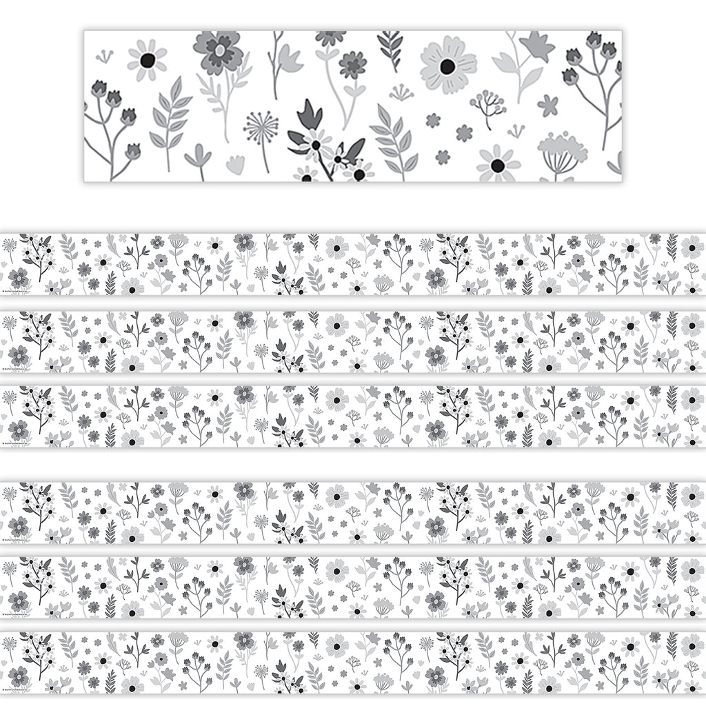 Black and White Floral Straight Border Trim, 35 Feet Per Pack, 6 Packs