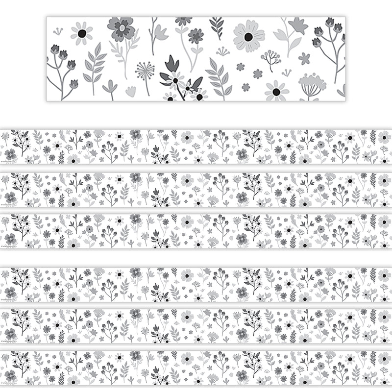 Black and White Floral Straight Border Trim, 35 Feet Per Pack, 6 Packs