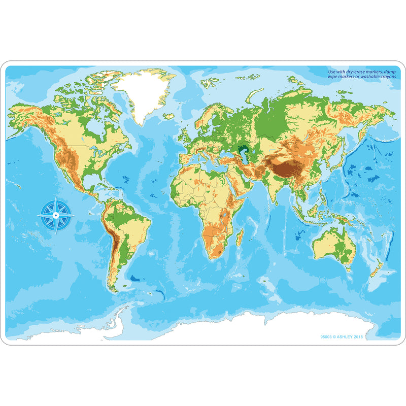 World Map Physical Learn Mat 2 Side Write On Wipe Off