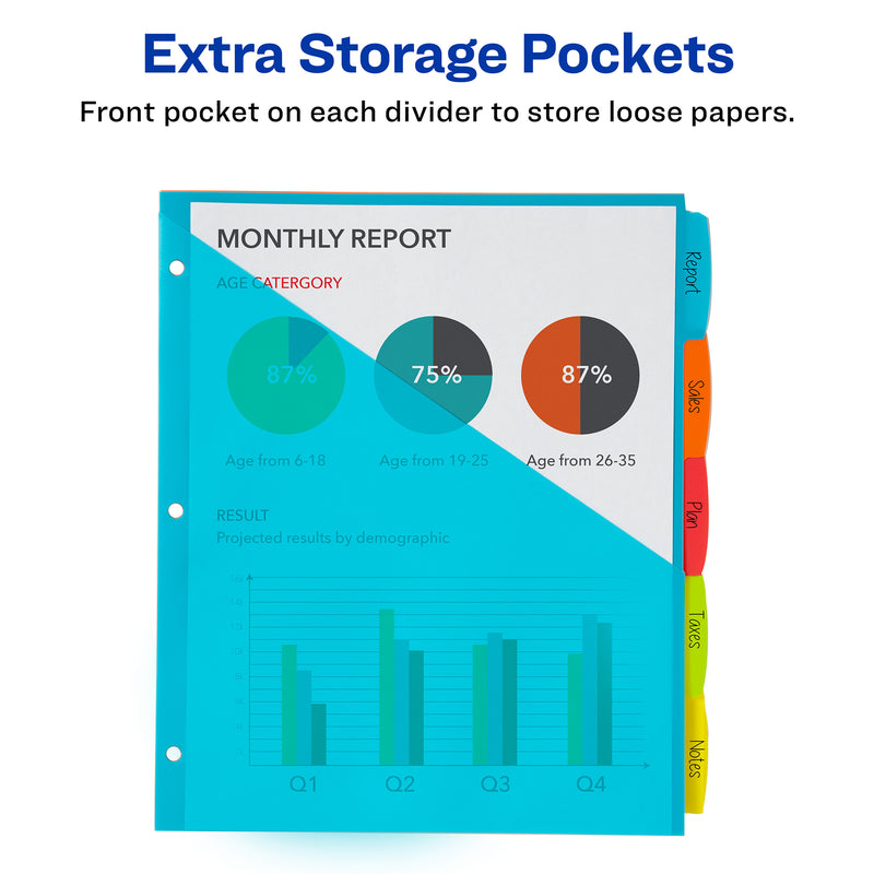 (3 Pk) 5 Tab Dividers W-pockets Translucent