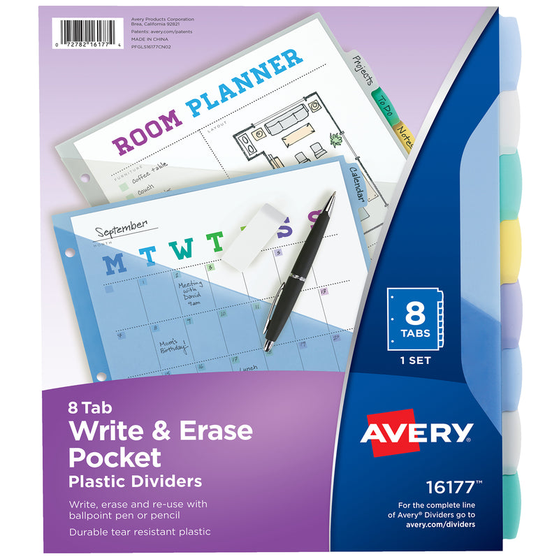 Write & Erase Pocket Plastic Dividers, 8-Tab Set, Multicolor, 1 Set