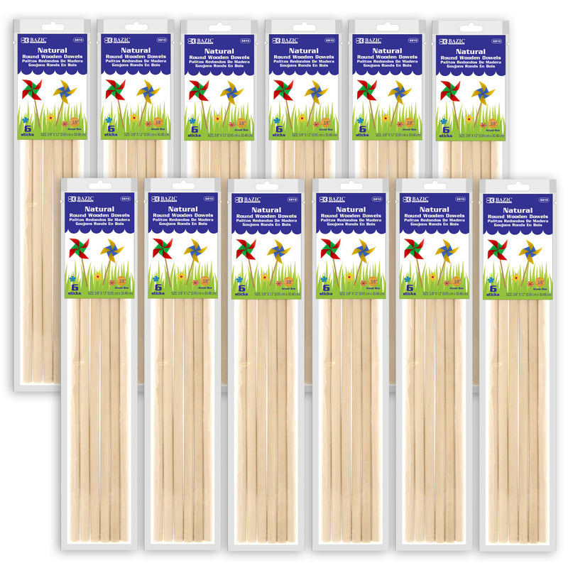 (12 Pk) Round Natural Wooden Dowel 6pk